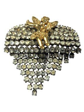 Vintage Gold-Tone Angel Brooch Rhinestone Heart Cascading Fringe Jewelry